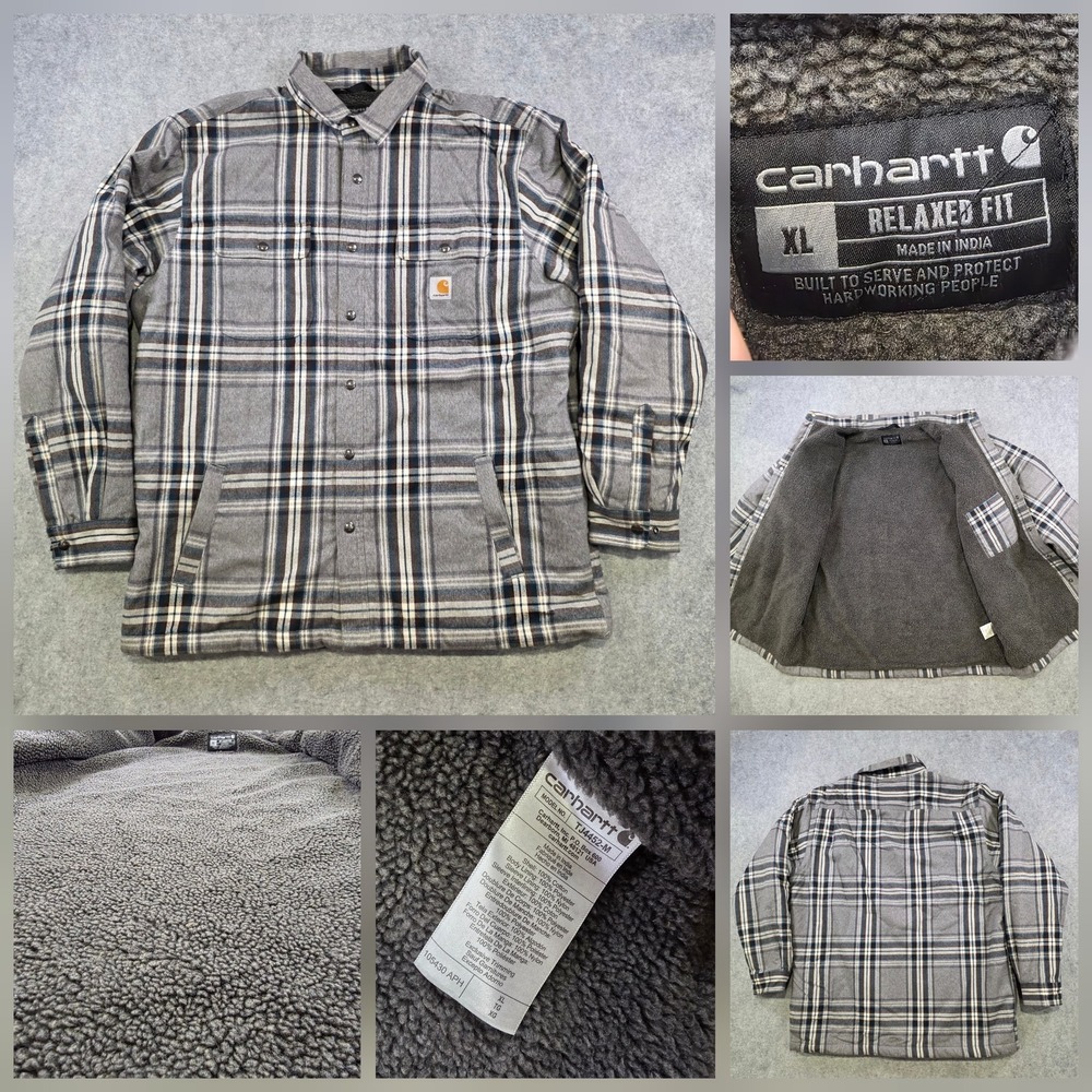 Carhartt Sherpa Lined Shirt Jacket Mens XL Gray Plaid Relaxed Fit TJ4452-M